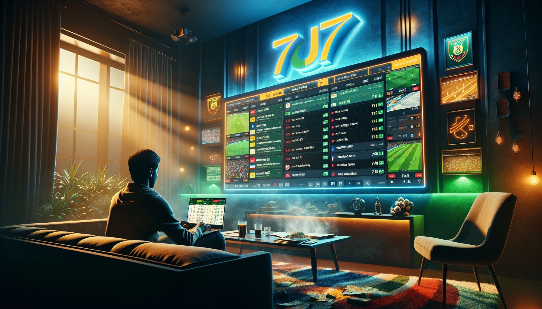 Player in Bangladesh using phone and laptop to follow live betting during cricket and football matches