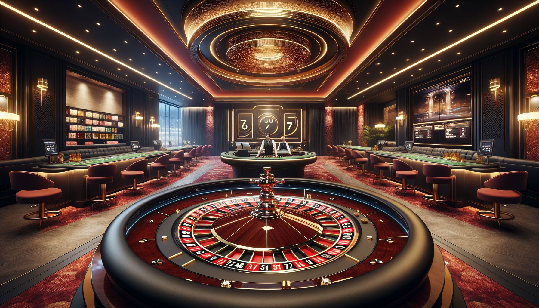 Elegant live casino setup with dealer table, digital displays, and premium lighting