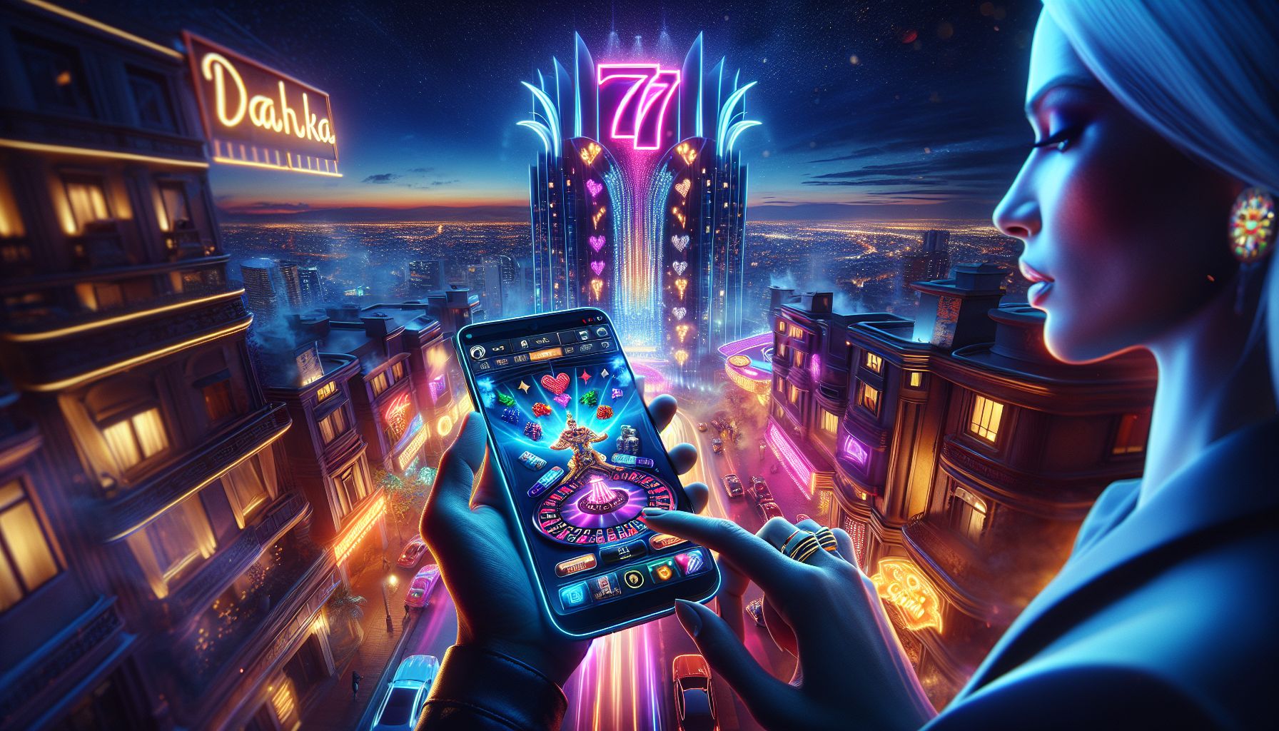 Bangladesh player using a glowing mobile screen filled with colorful casino icons and bold 7U7 branding in a modern night setting
