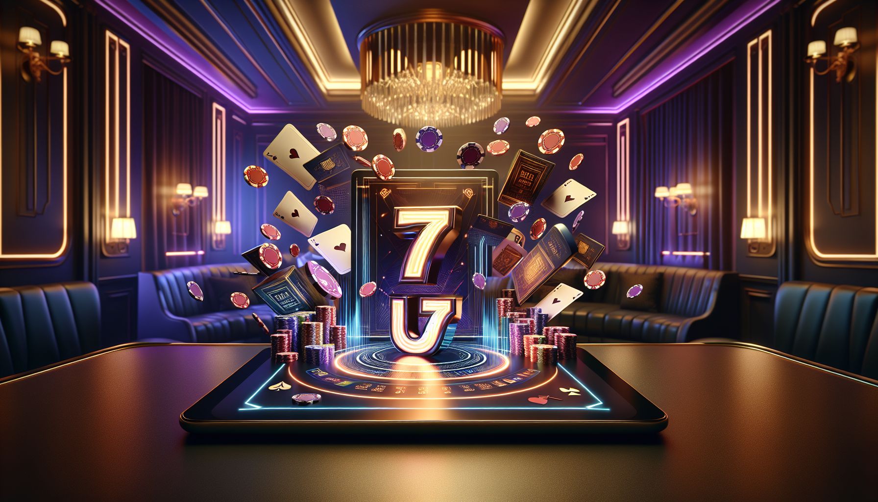 Modern gamer surrounded by floating cards, chips and luminous interface elements with strong 7U7 identity in a stylish Bangladesh-inspired setup