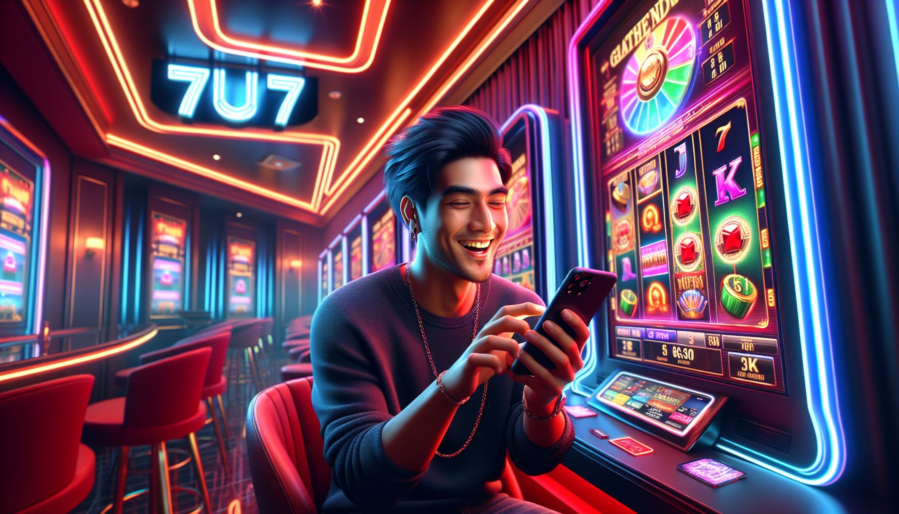 Young Bangladeshi player enjoying colorful slot reels on a smartphone in a modern gaming setting with 7U7 branding